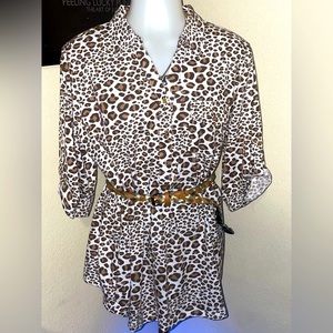 Emily Daniels Women's XL Leopard Print Sparkly Roll Tab Sleeve Tunic Top